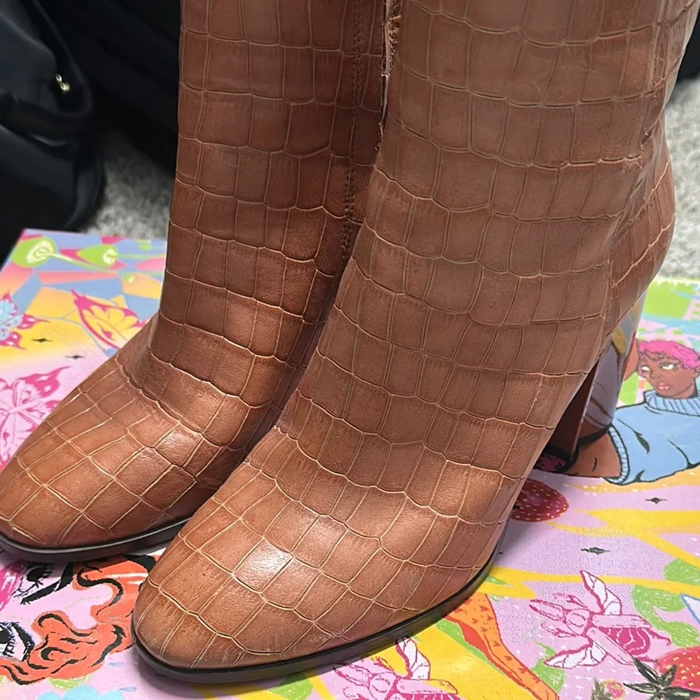 Tan Croc-Embossed Ankle Boots - Picture 7 of 7